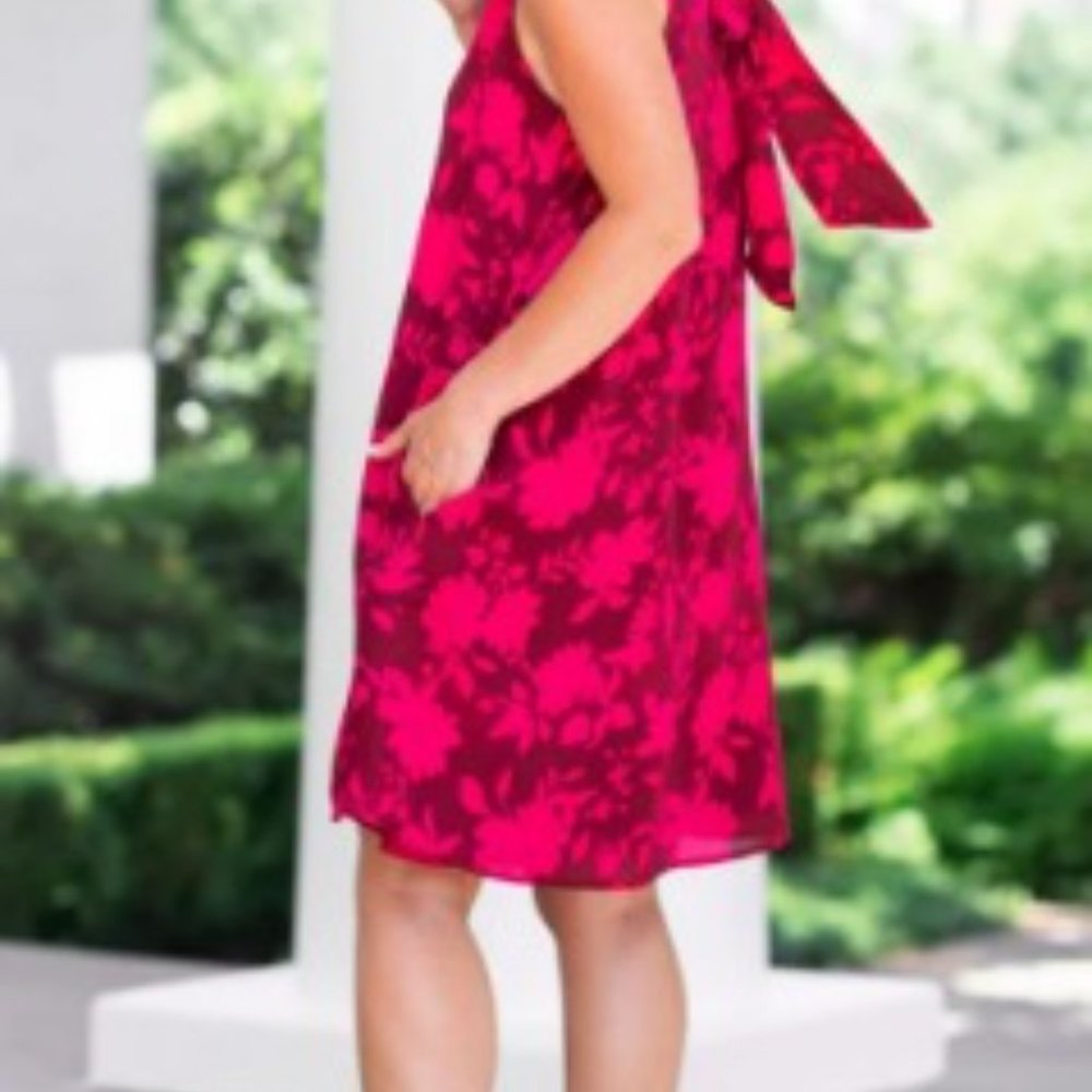 Gibson x Hi Sugarplum Cavallo Ruffle Neck Dress in Fira Burgundy Hot Pink, XS